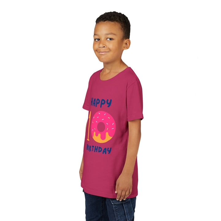 10th Birthday Youth Tee – Pink Donut "Happy 10 Birthday" Kids Shirt