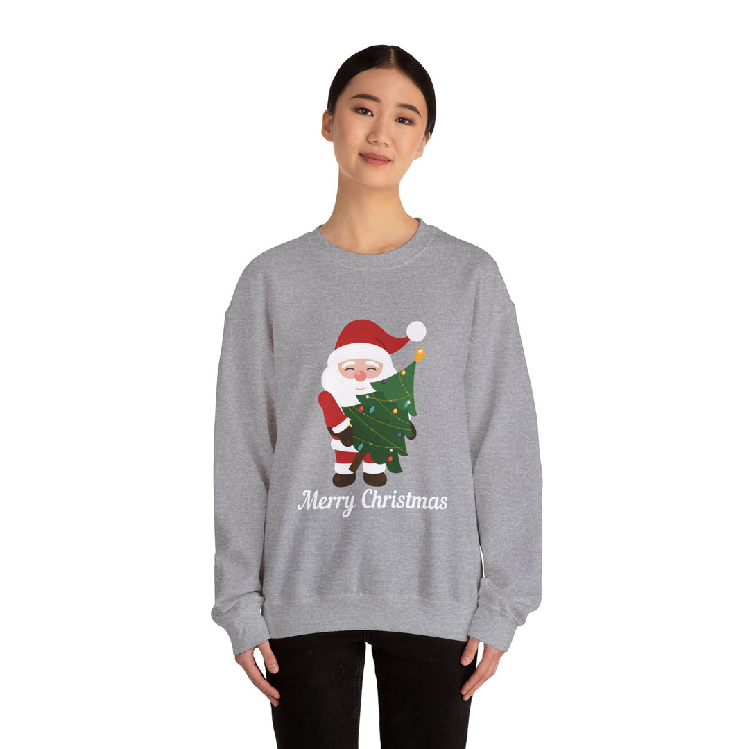 Christmas Sweatshirt – Cute Santa Hugging Christmas Tree “Merry Christmas” Holiday Crewneck