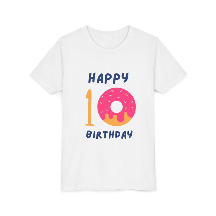 10th Birthday Youth Tee – Pink Donut "Happy 10 Birthday" Kids Shirt