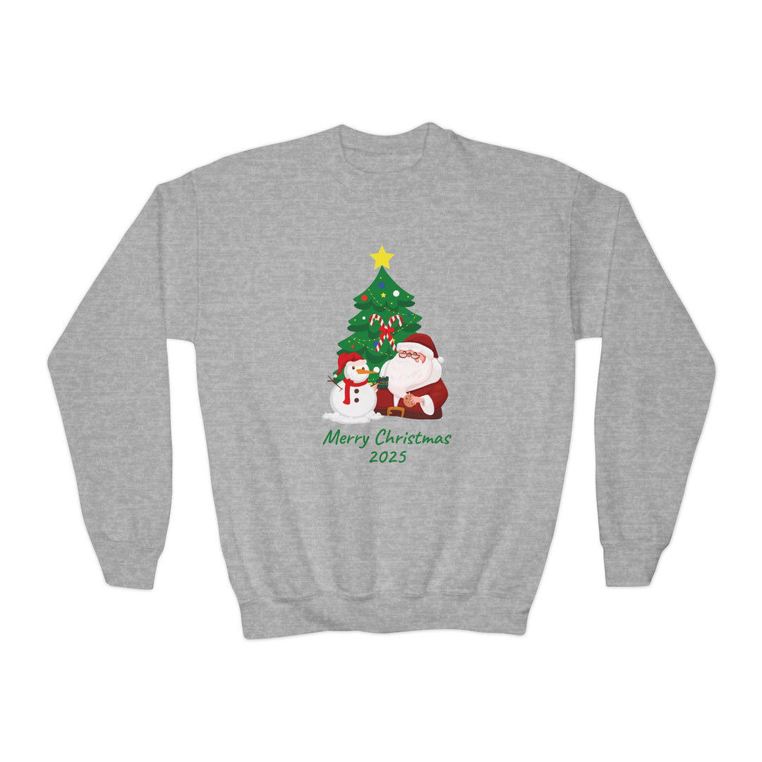 Youth Christmas Crewneck Sweatshirt — 'Merry Christmas 2025' Santa & Snowman Tree Design