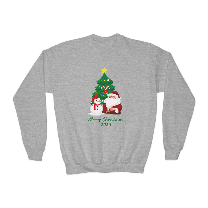 Youth Christmas Crewneck Sweatshirt — 'Merry Christmas 2025' Santa & Snowman Tree Design