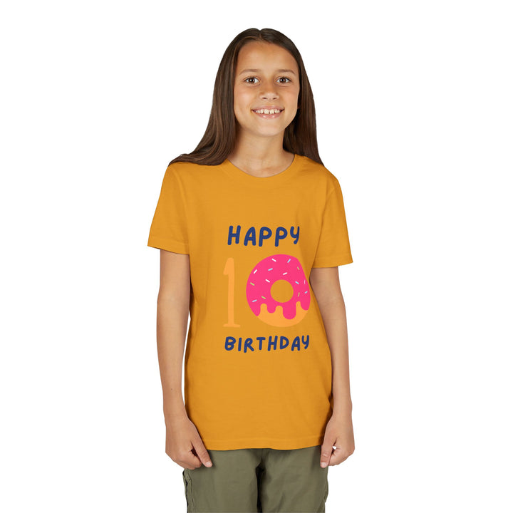 10th Birthday Youth Tee – Pink Donut "Happy 10 Birthday" Kids Shirt