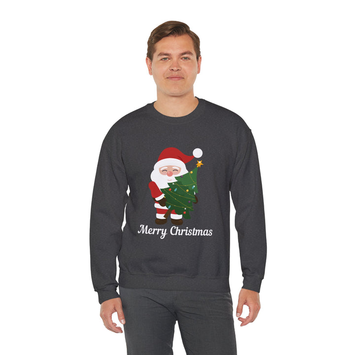 Christmas Sweatshirt – Cute Santa Hugging Christmas Tree “Merry Christmas” Holiday Crewneck