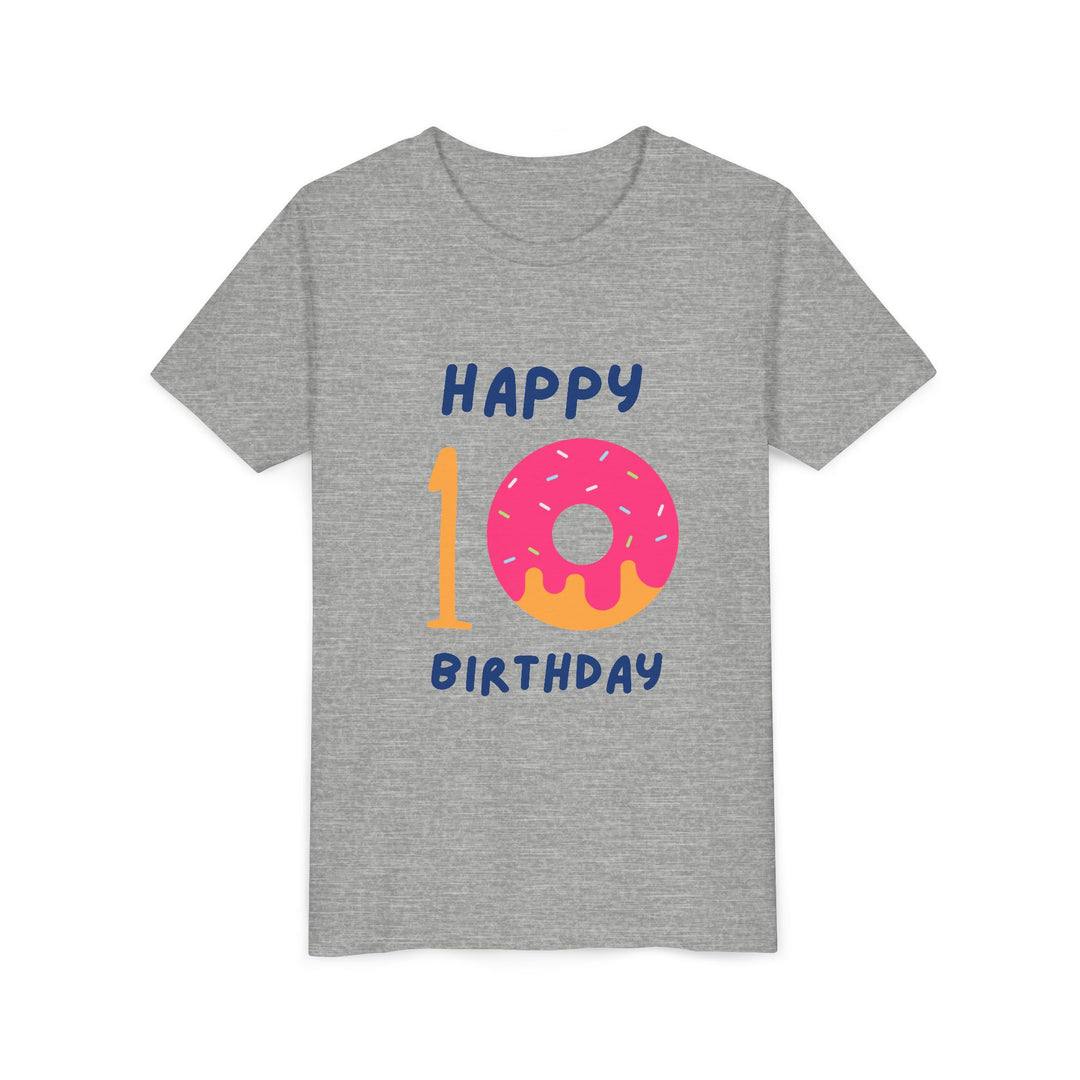 10th Birthday Youth Tee – Pink Donut "Happy 10 Birthday" Kids Shirt