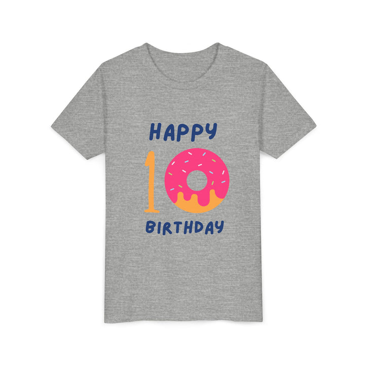 10th Birthday Youth Tee – Pink Donut "Happy 10 Birthday" Kids Shirt