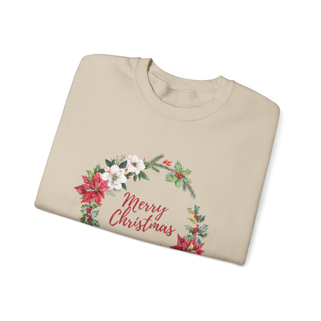 Christmas Poinsettia Wreath Sweatshirt — "Merry Christmas" Holiday Crewneck