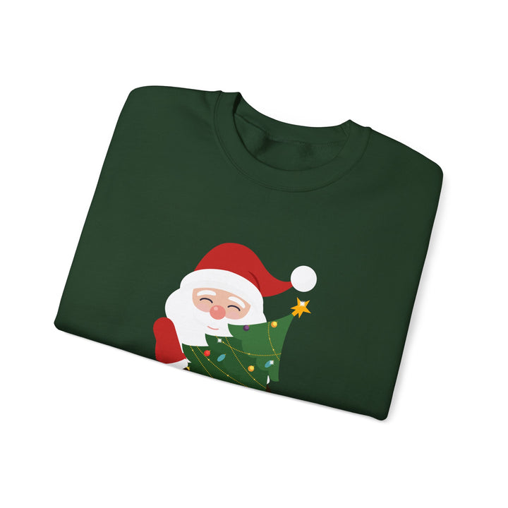 Christmas Sweatshirt – Cute Santa Hugging Christmas Tree “Merry Christmas” Holiday Crewneck