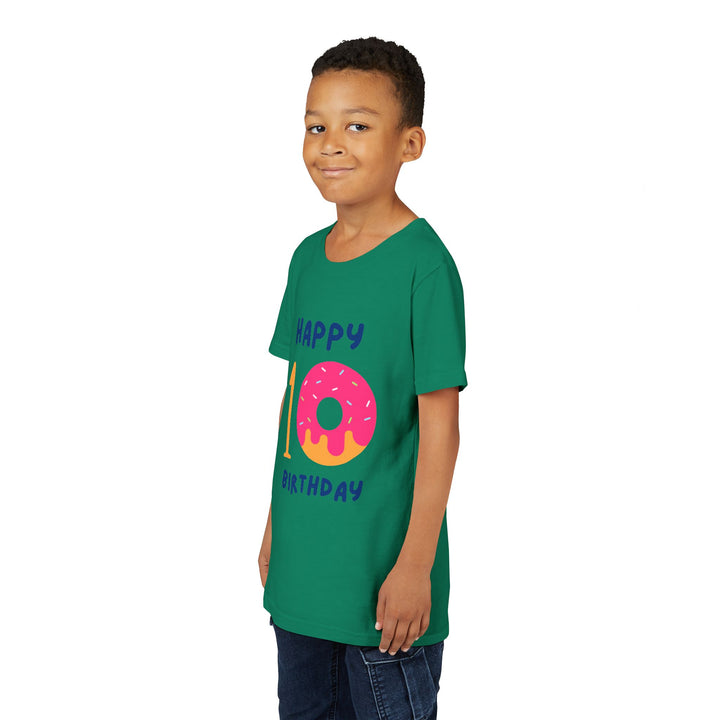 10th Birthday Youth Tee – Pink Donut "Happy 10 Birthday" Kids Shirt