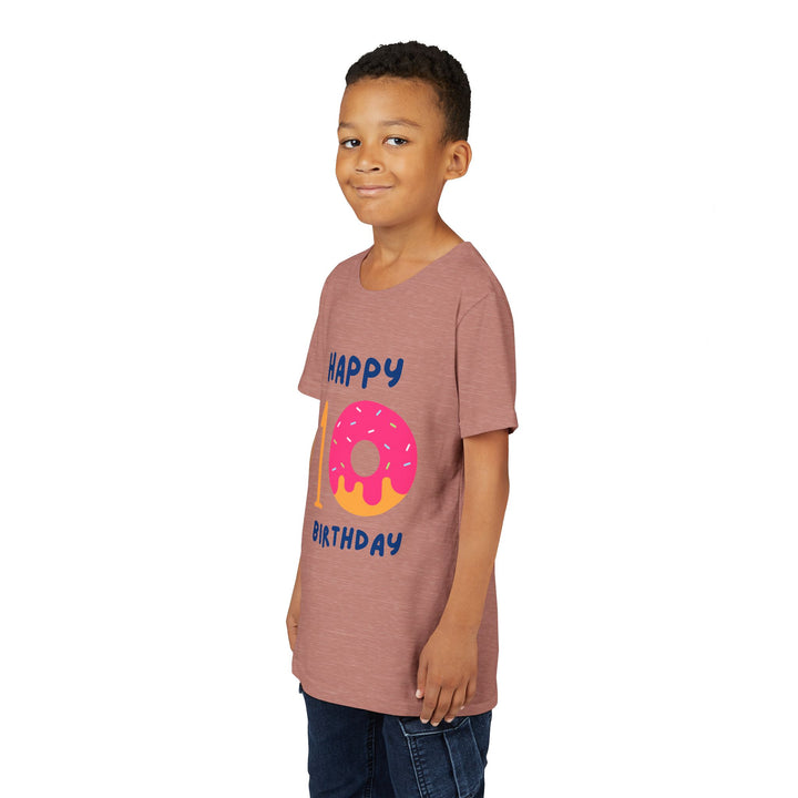10th Birthday Youth Tee – Pink Donut "Happy 10 Birthday" Kids Shirt