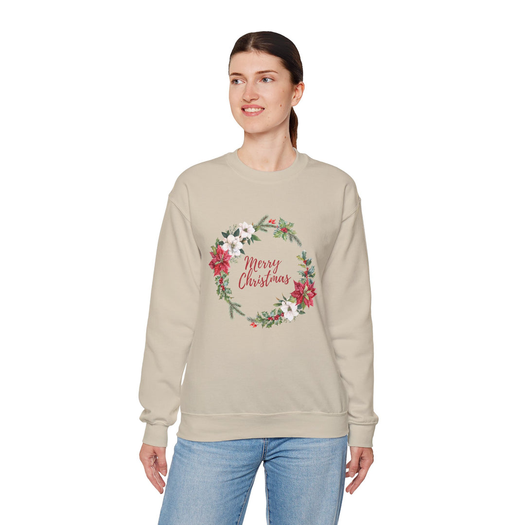 Christmas Poinsettia Wreath Sweatshirt — "Merry Christmas" Holiday Crewneck
