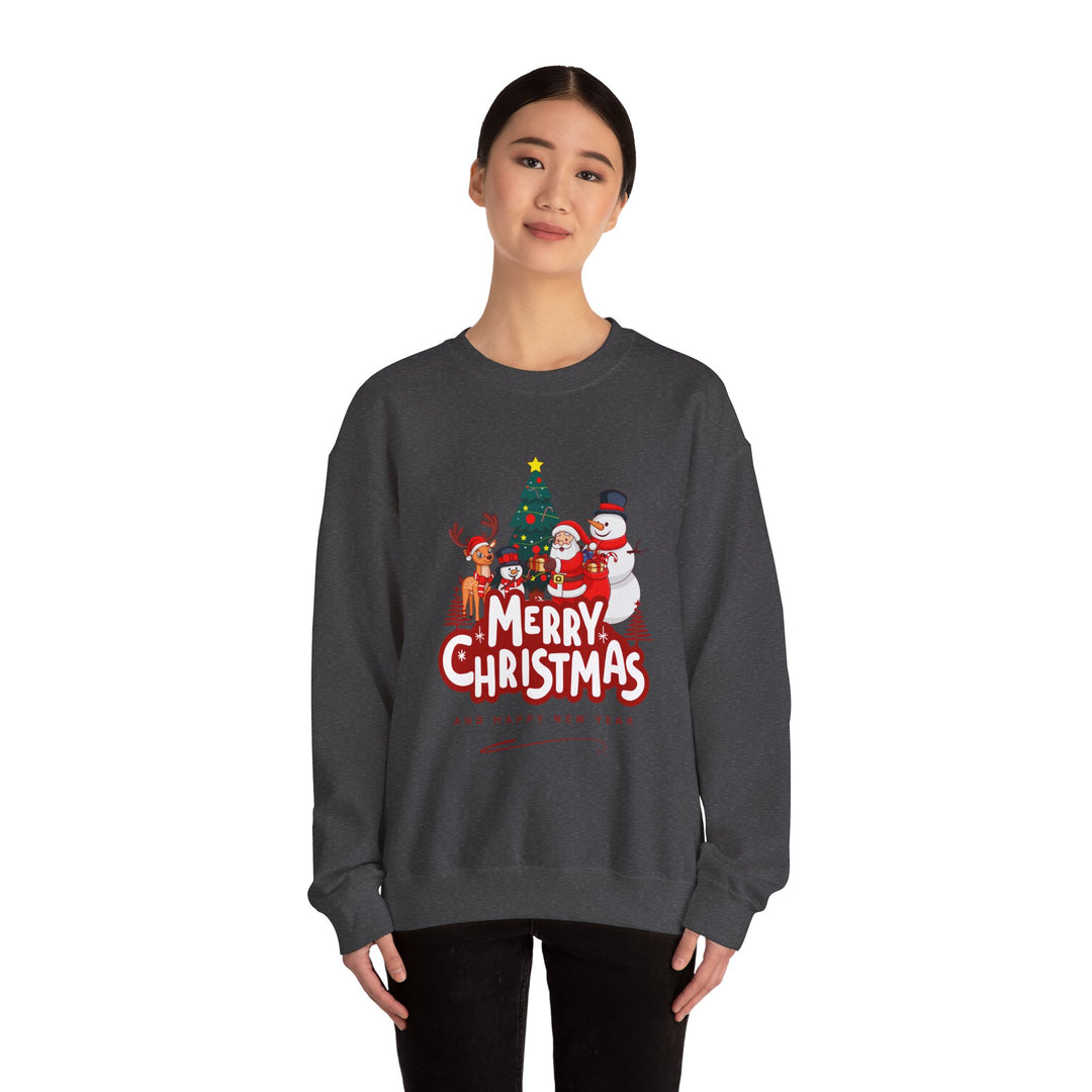 Christmas Crewneck Sweatshirt — 'Merry Christmas' Festive Holiday Sweatshirt with Santa, Reindeer & Snowman