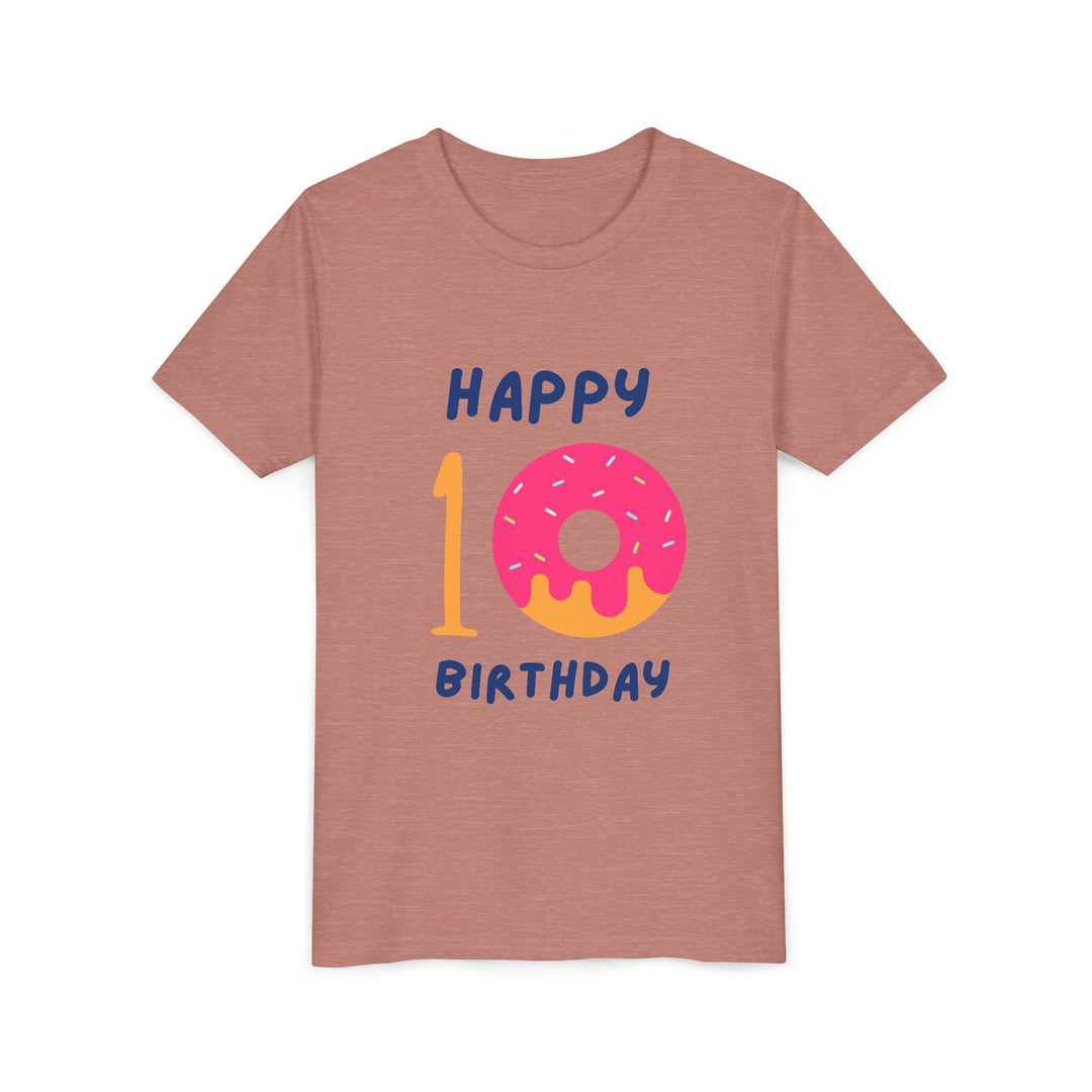 10th Birthday Youth Tee – Pink Donut "Happy 10 Birthday" Kids Shirt