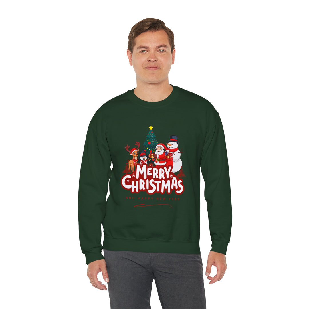 Christmas Crewneck Sweatshirt — 'Merry Christmas' Festive Holiday Sweatshirt with Santa, Reindeer & Snowman