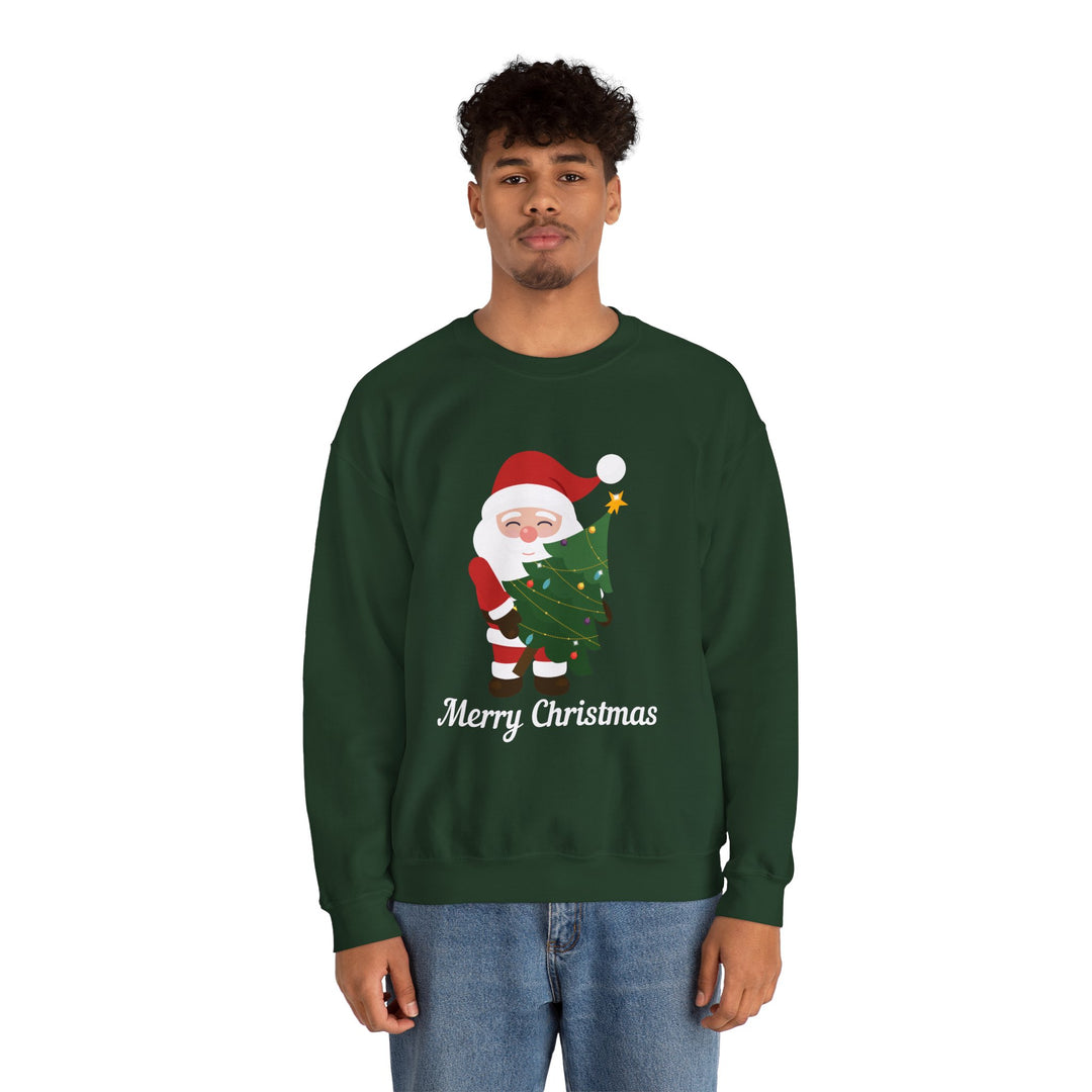 Christmas Sweatshirt – Cute Santa Hugging Christmas Tree “Merry Christmas” Holiday Crewneck