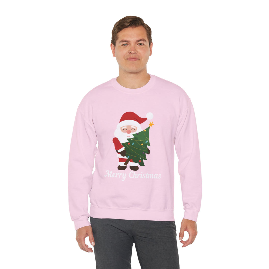 Christmas Sweatshirt – Cute Santa Hugging Christmas Tree “Merry Christmas” Holiday Crewneck