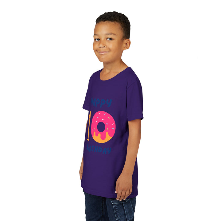 10th Birthday Youth Tee – Pink Donut "Happy 10 Birthday" Kids Shirt