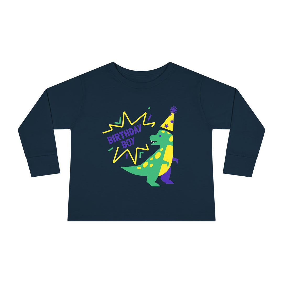 Birthday Boy Toddler Long Sleeve Tee — Cute Party Dinosaur Design