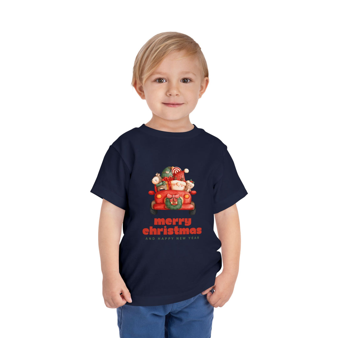 Toddler Tee — Cute Santa in Car “Merry Christmas and Happy New Year” Holiday Tee