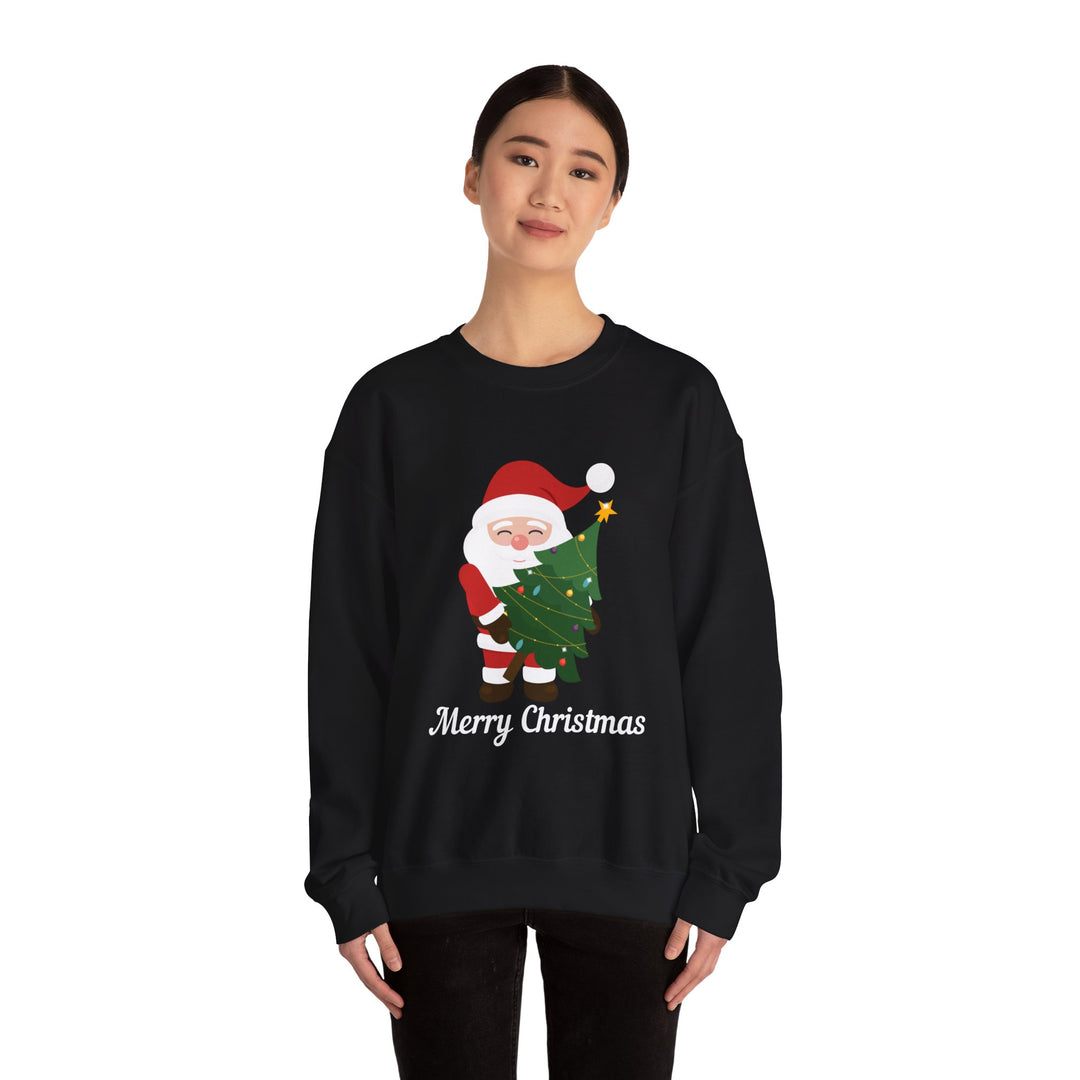 Christmas Sweatshirt – Cute Santa Hugging Christmas Tree “Merry Christmas” Holiday Crewneck