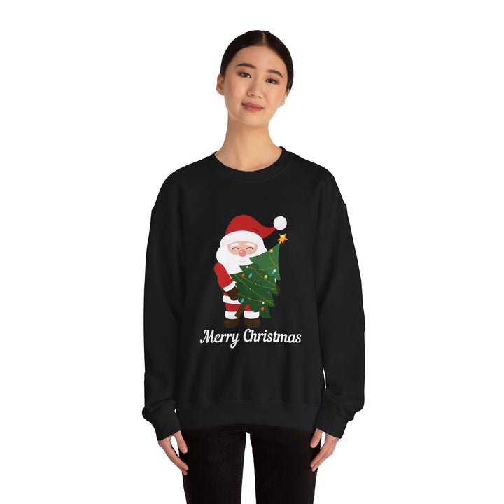 Christmas Sweatshirt – Cute Santa Hugging Christmas Tree “Merry Christmas” Holiday Crewneck