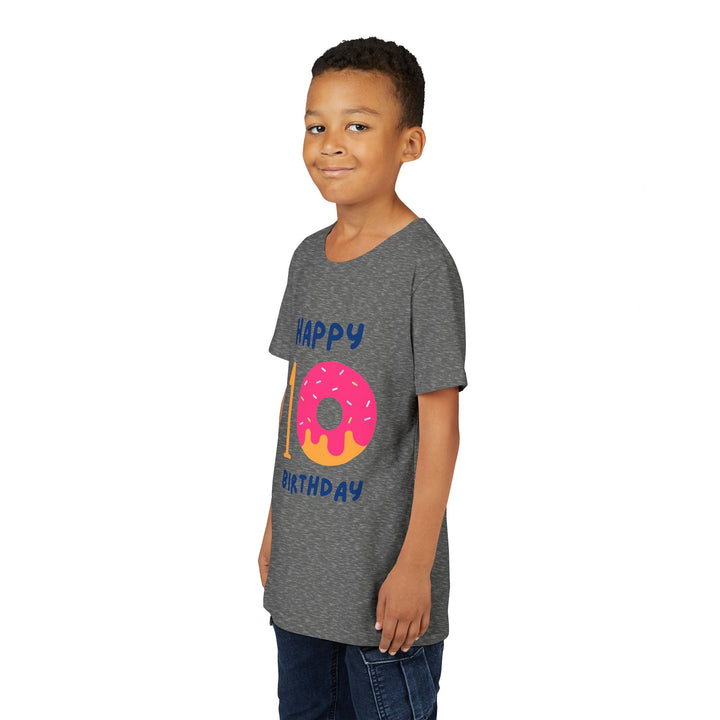 10th Birthday Youth Tee – Pink Donut "Happy 10 Birthday" Kids Shirt