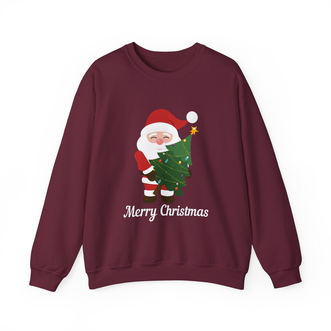 Christmas Sweatshirt – Cute Santa Hugging Christmas Tree “Merry Christmas” Holiday Crewneck