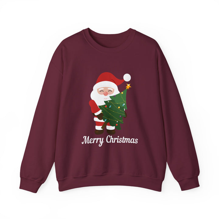 Christmas Sweatshirt – Cute Santa Hugging Christmas Tree “Merry Christmas” Holiday Crewneck