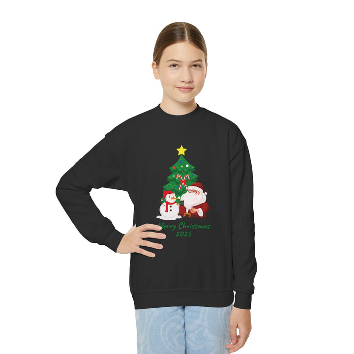 Youth Christmas Crewneck Sweatshirt — 'Merry Christmas 2025' Santa & Snowman Tree Design
