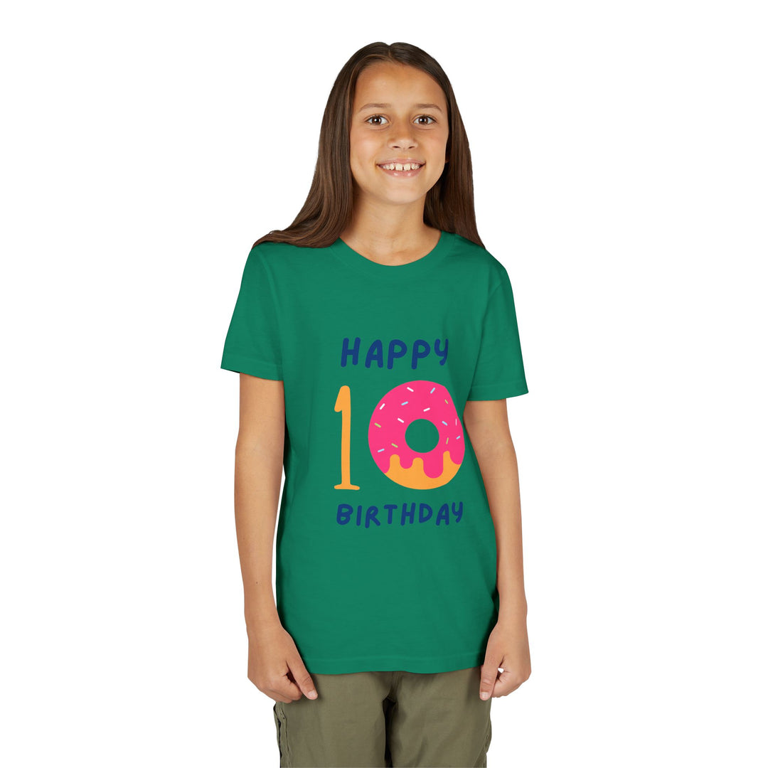 10th Birthday Youth Tee – Pink Donut "Happy 10 Birthday" Kids Shirt