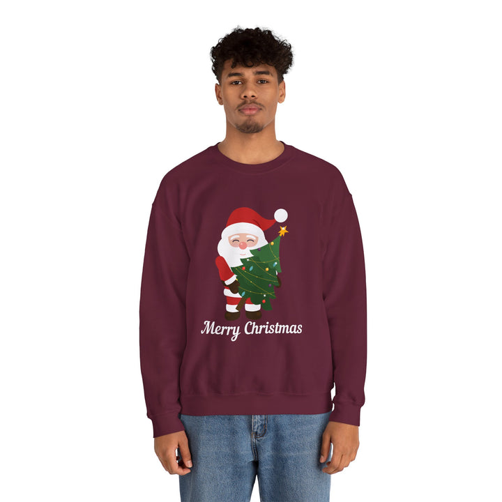 Christmas Sweatshirt – Cute Santa Hugging Christmas Tree “Merry Christmas” Holiday Crewneck