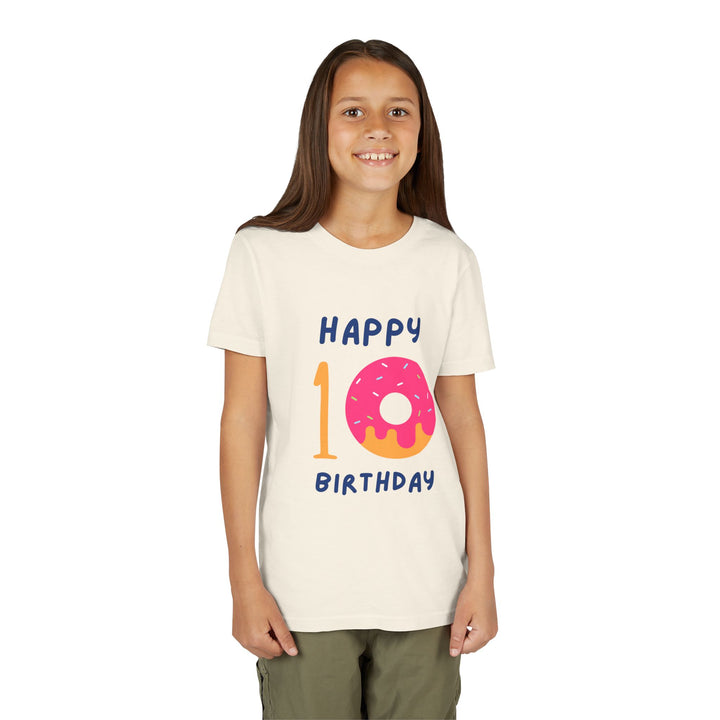 10th Birthday Youth Tee – Pink Donut "Happy 10 Birthday" Kids Shirt