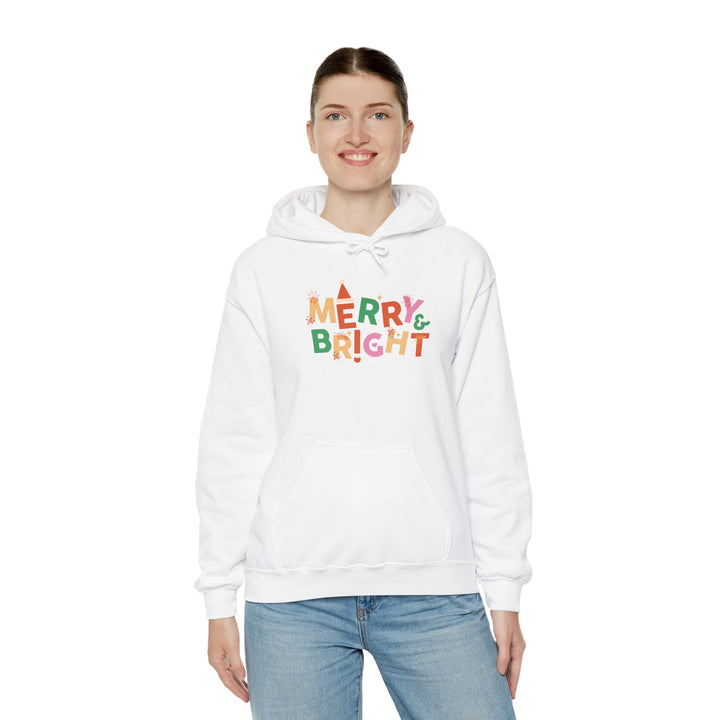 Merry & Bright Holiday Hoodie — Colorful Christmas Graphic Sweatshirt