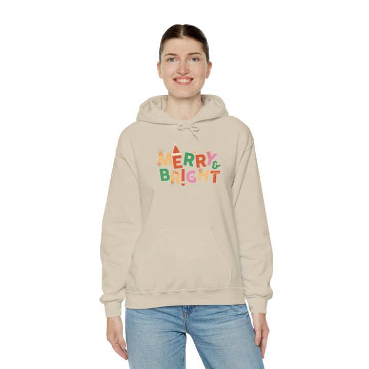 Merry & Bright Holiday Hoodie — Colorful Christmas Graphic Sweatshirt