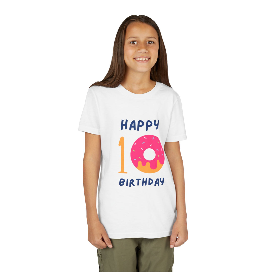 10th Birthday Youth Tee – Pink Donut "Happy 10 Birthday" Kids Shirt