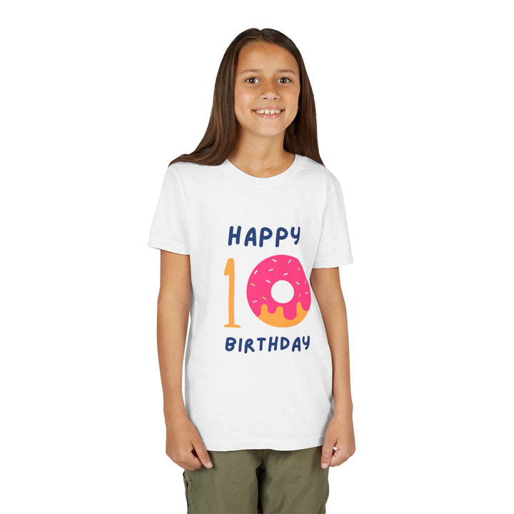 10th Birthday Youth Tee – Pink Donut "Happy 10 Birthday" Kids Shirt