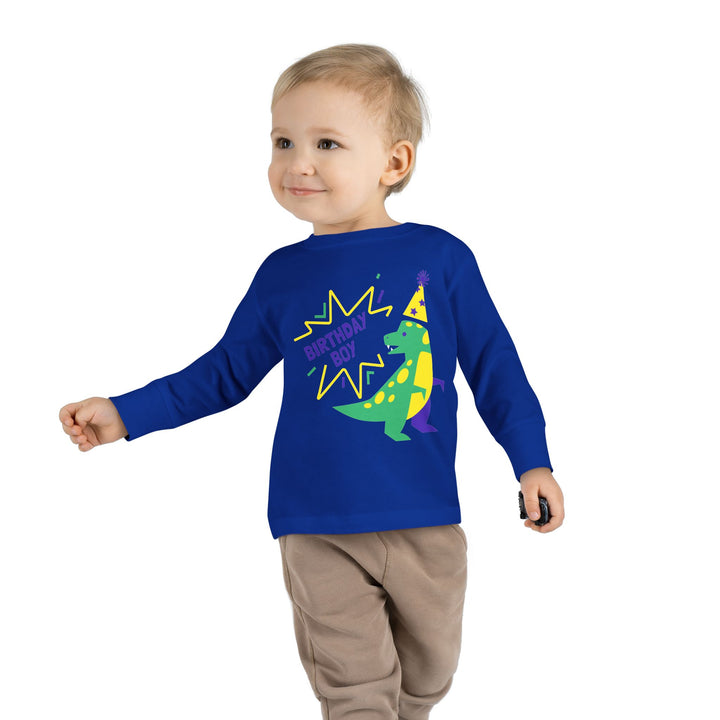 Birthday Boy Toddler Long Sleeve Tee — Cute Party Dinosaur Design