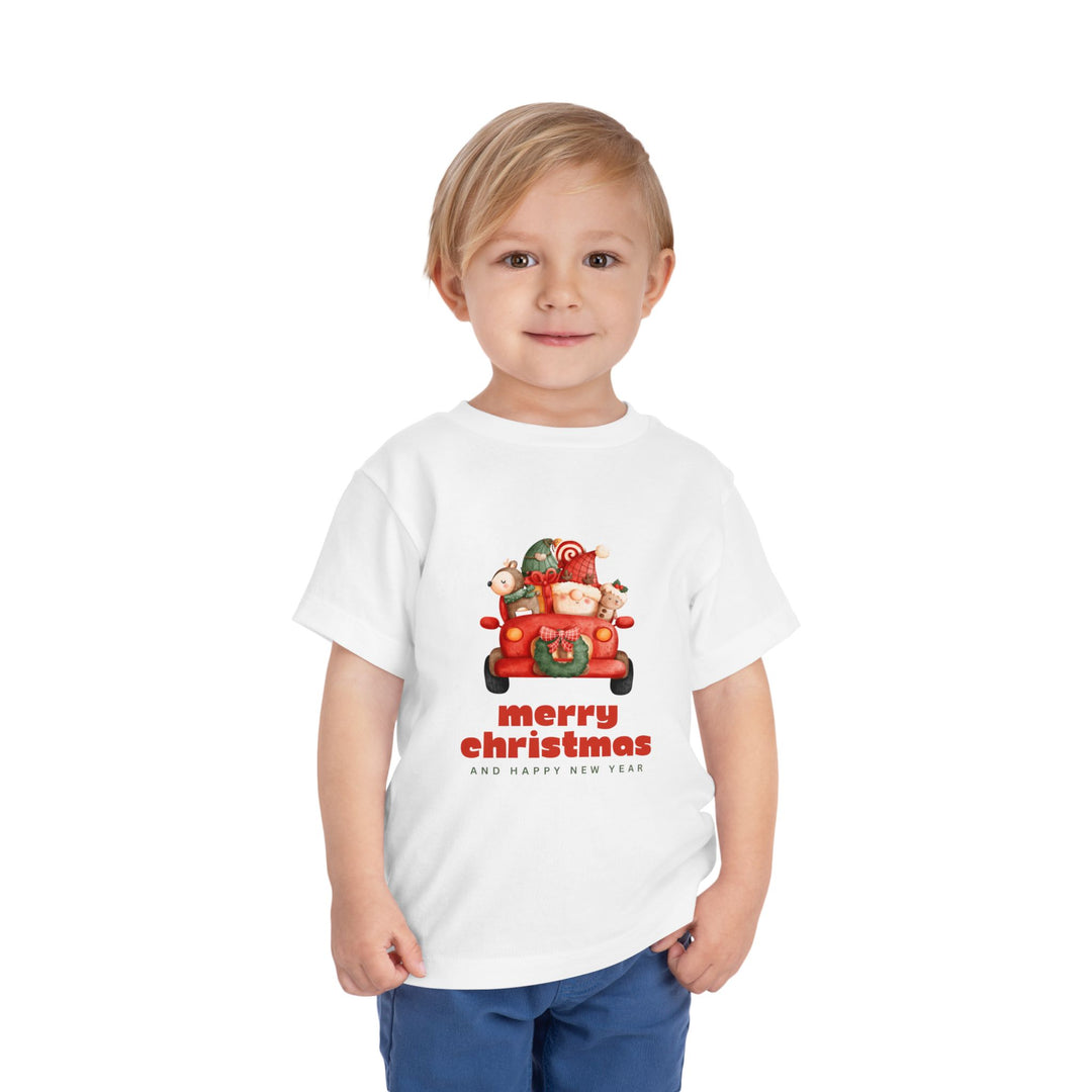 Toddler Tee — Cute Santa in Car “Merry Christmas and Happy New Year” Holiday Tee