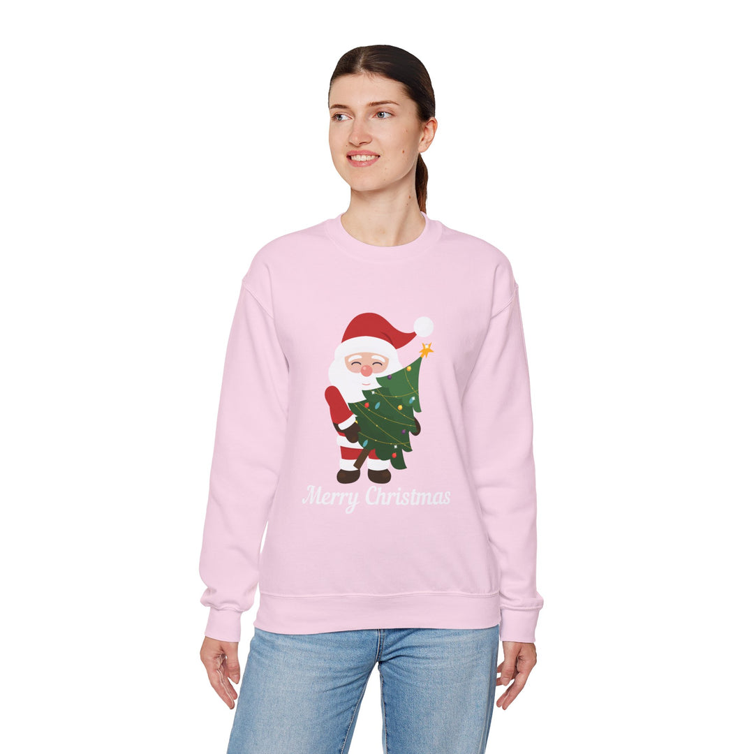 Christmas Sweatshirt – Cute Santa Hugging Christmas Tree “Merry Christmas” Holiday Crewneck