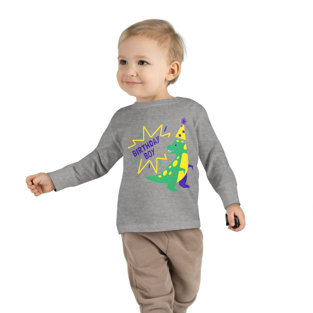 Birthday Boy Toddler Long Sleeve Tee — Cute Party Dinosaur Design