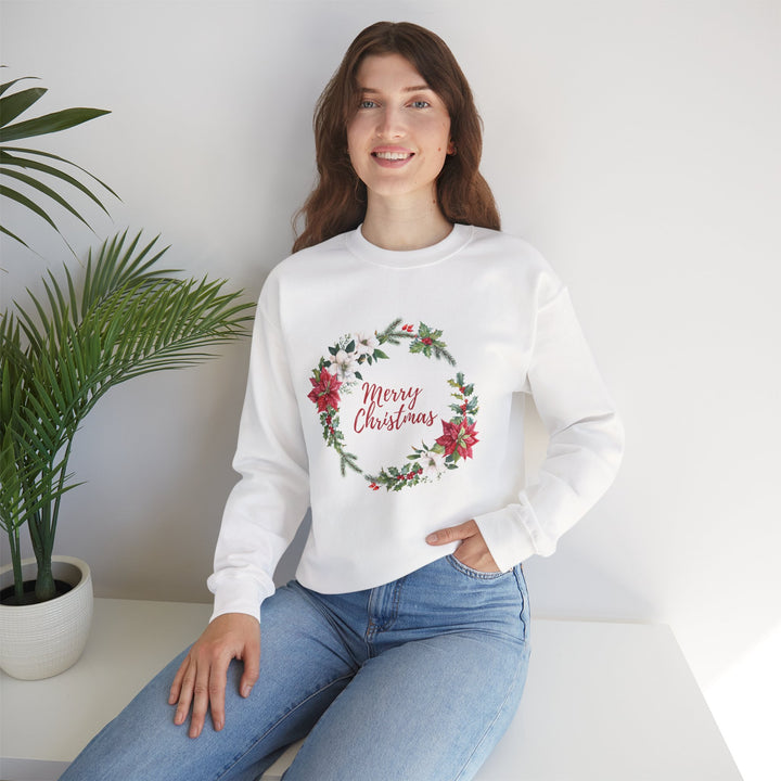 Christmas Poinsettia Wreath Sweatshirt — "Merry Christmas" Holiday Crewneck