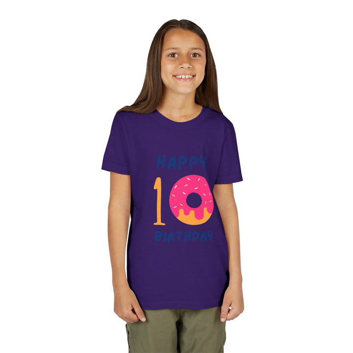 10th Birthday Youth Tee – Pink Donut "Happy 10 Birthday" Kids Shirt