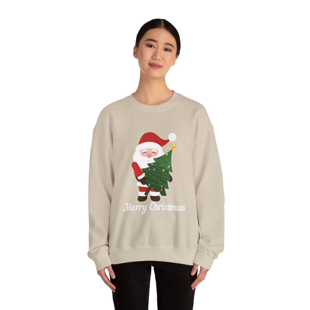 Christmas Sweatshirt – Cute Santa Hugging Christmas Tree “Merry Christmas” Holiday Crewneck