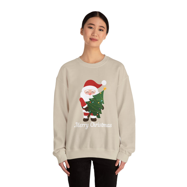 Christmas Sweatshirt – Cute Santa Hugging Christmas Tree “Merry Christmas” Holiday Crewneck
