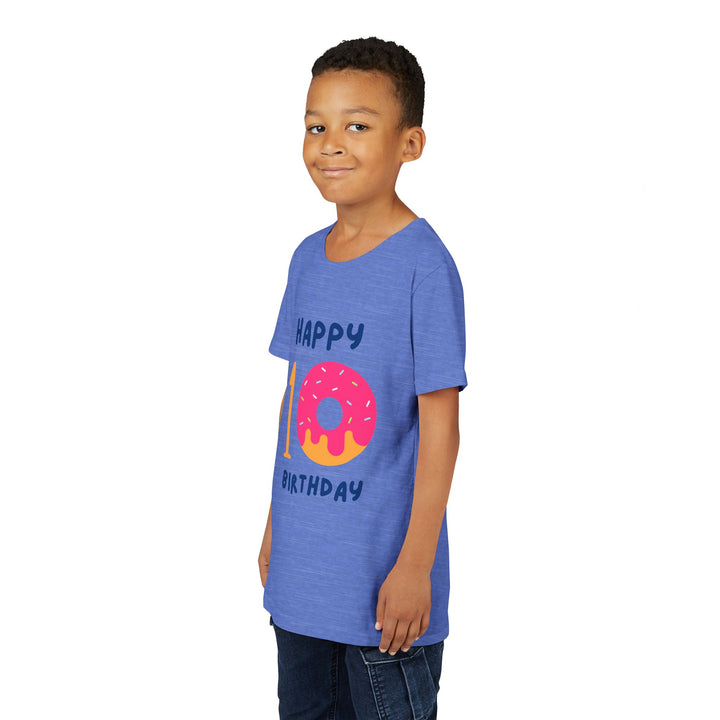 10th Birthday Youth Tee – Pink Donut "Happy 10 Birthday" Kids Shirt