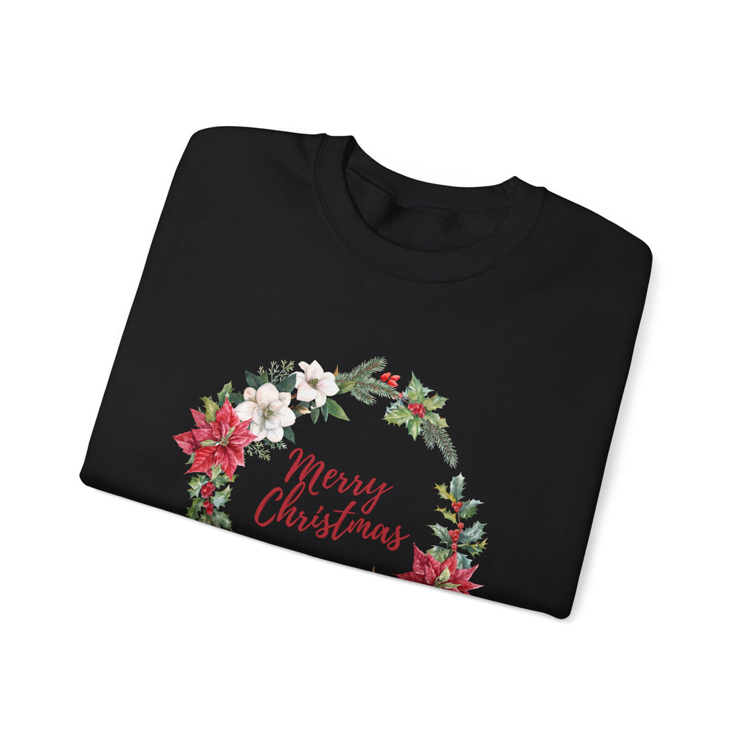 Christmas Poinsettia Wreath Sweatshirt — "Merry Christmas" Holiday Crewneck