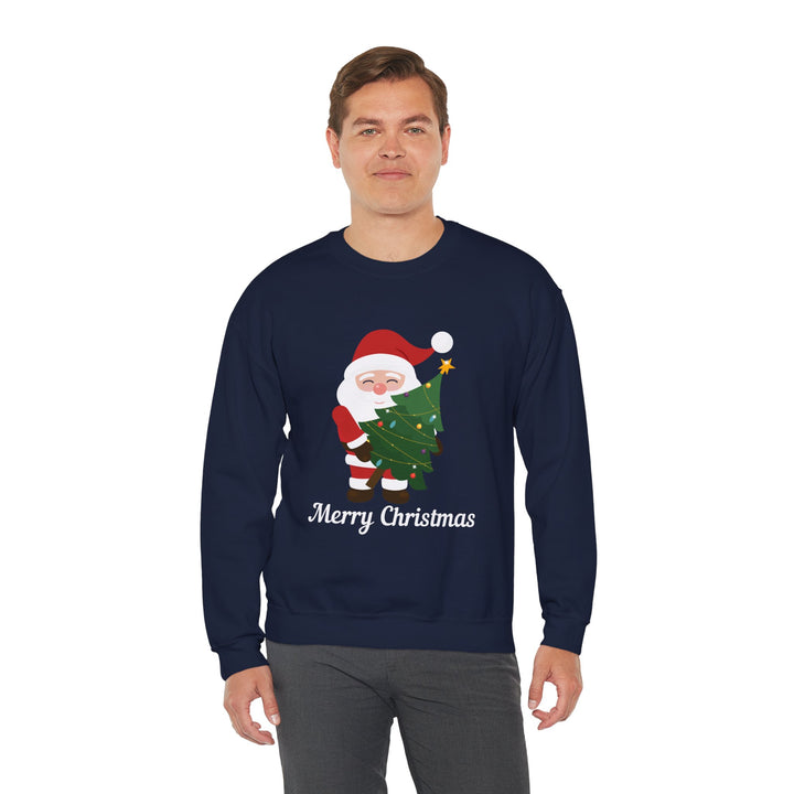 Christmas Sweatshirt – Cute Santa Hugging Christmas Tree “Merry Christmas” Holiday Crewneck