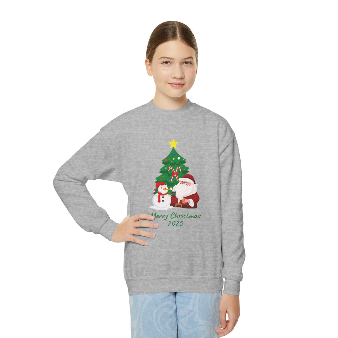Youth Christmas Crewneck Sweatshirt — 'Merry Christmas 2025' Santa & Snowman Tree Design