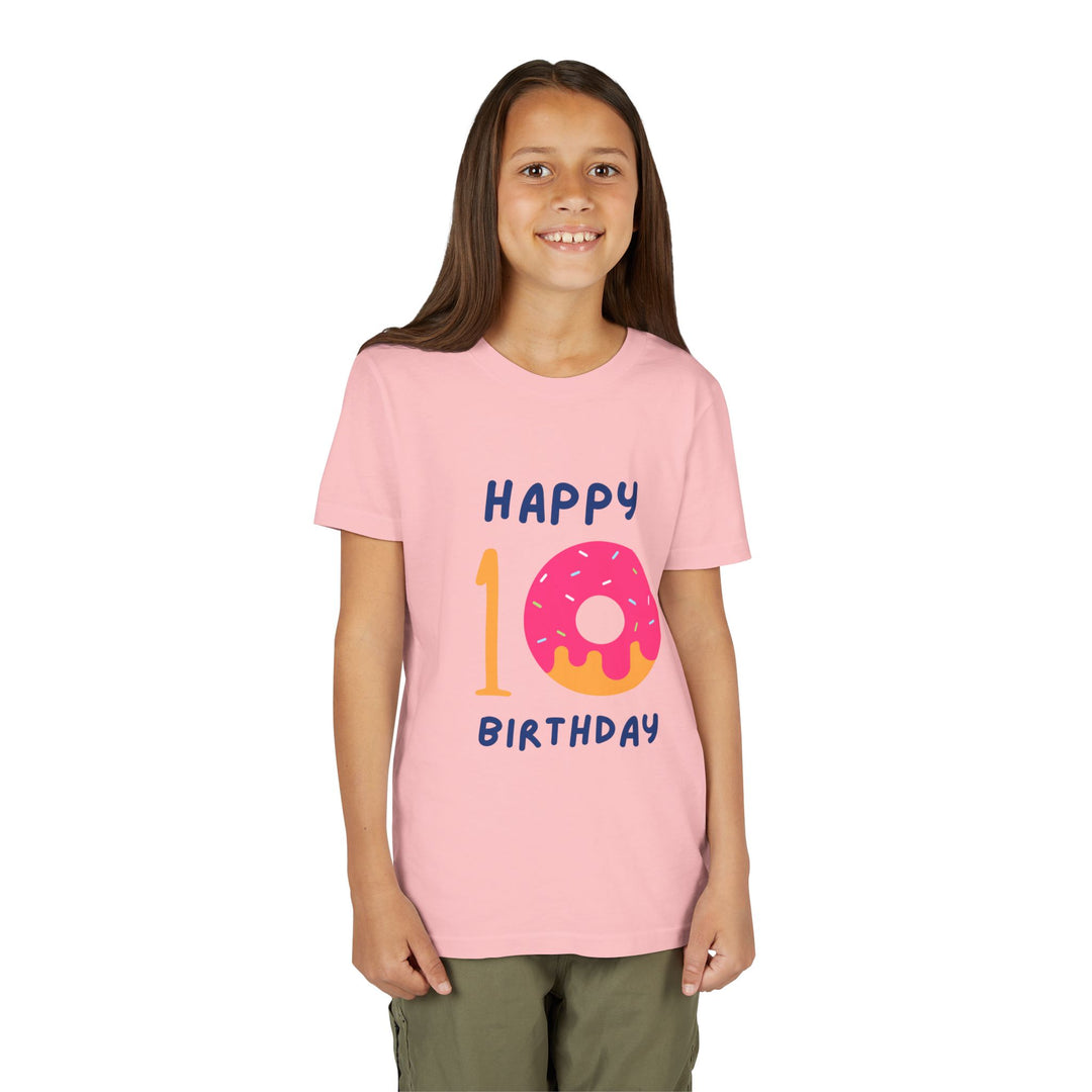 10th Birthday Youth Tee – Pink Donut "Happy 10 Birthday" Kids Shirt