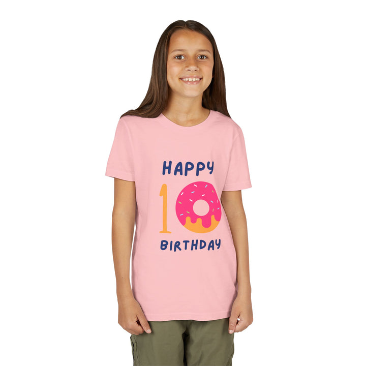 10th Birthday Youth Tee – Pink Donut "Happy 10 Birthday" Kids Shirt