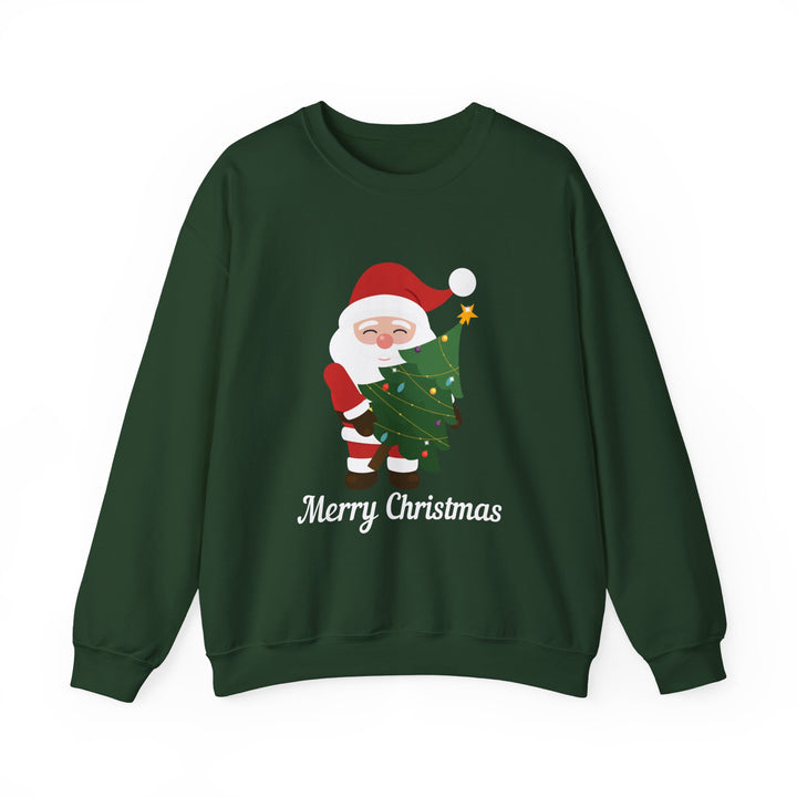 Christmas Sweatshirt – Cute Santa Hugging Christmas Tree “Merry Christmas” Holiday Crewneck